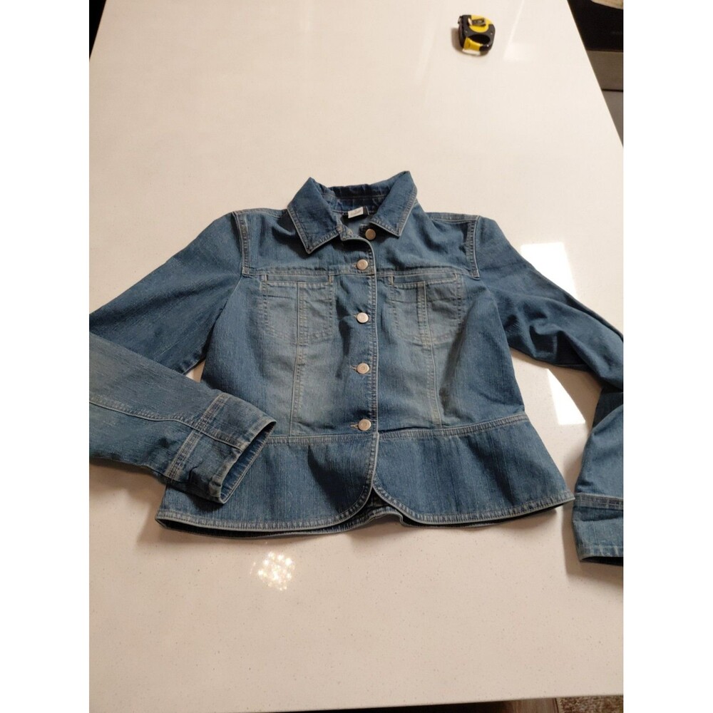 Ann Taylor Loft Denim Jacket Women’s Size 10 Peplum bottom Silver buttons Faded